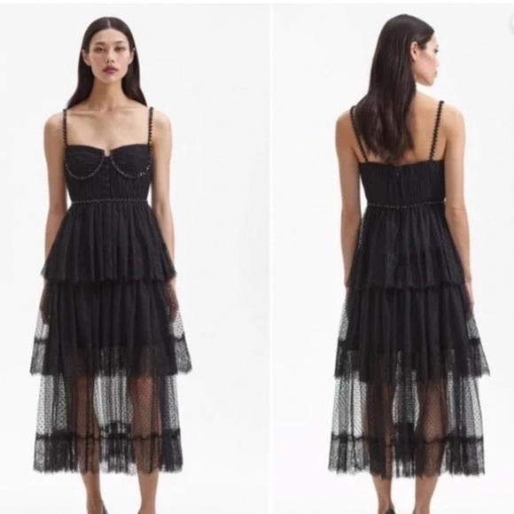 Self-Portrait Dresses & Skirts - Self-Portrait Black Tiered Mesh Midi Dress with Spaghetti Straps